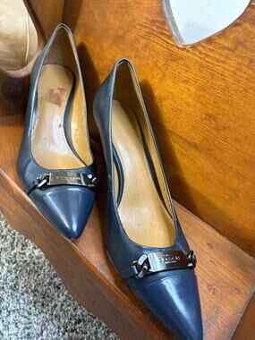 Coach Bowery Pointed Toe Kitten Heel Pumps, Navy Blue